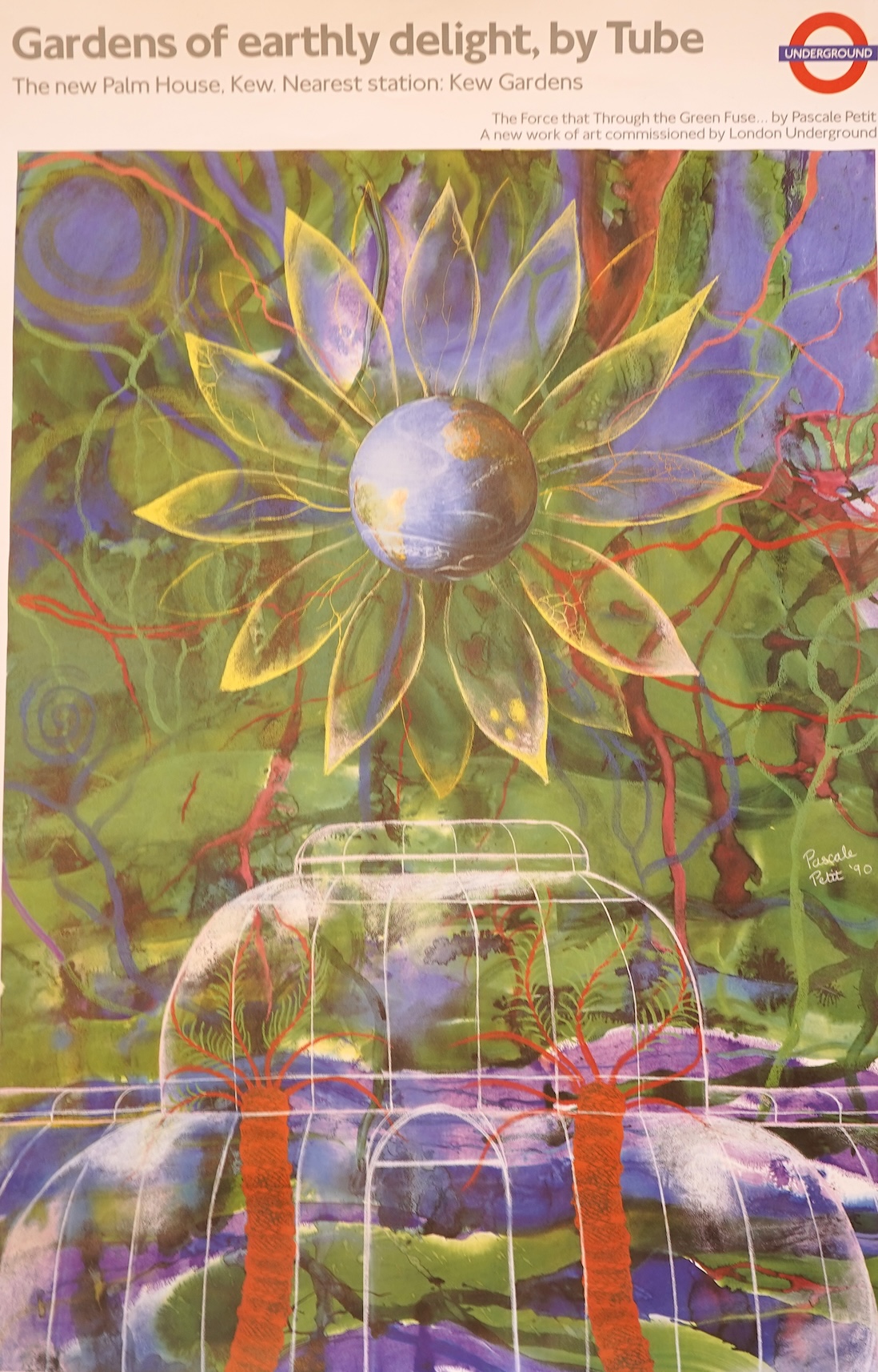 Two 1990s London Underground advertising posters promoting Kew Gardens, from the art on the underground series featuring commissioned paintings by Jennie Tuffs and Pascale Petit; ‘Gardens of earthly delight, by Tube’ and